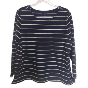 Gap Top Woman's XL Navy Neon Green Stripes Round Neck‎ Long Sleeves Knit Cotton